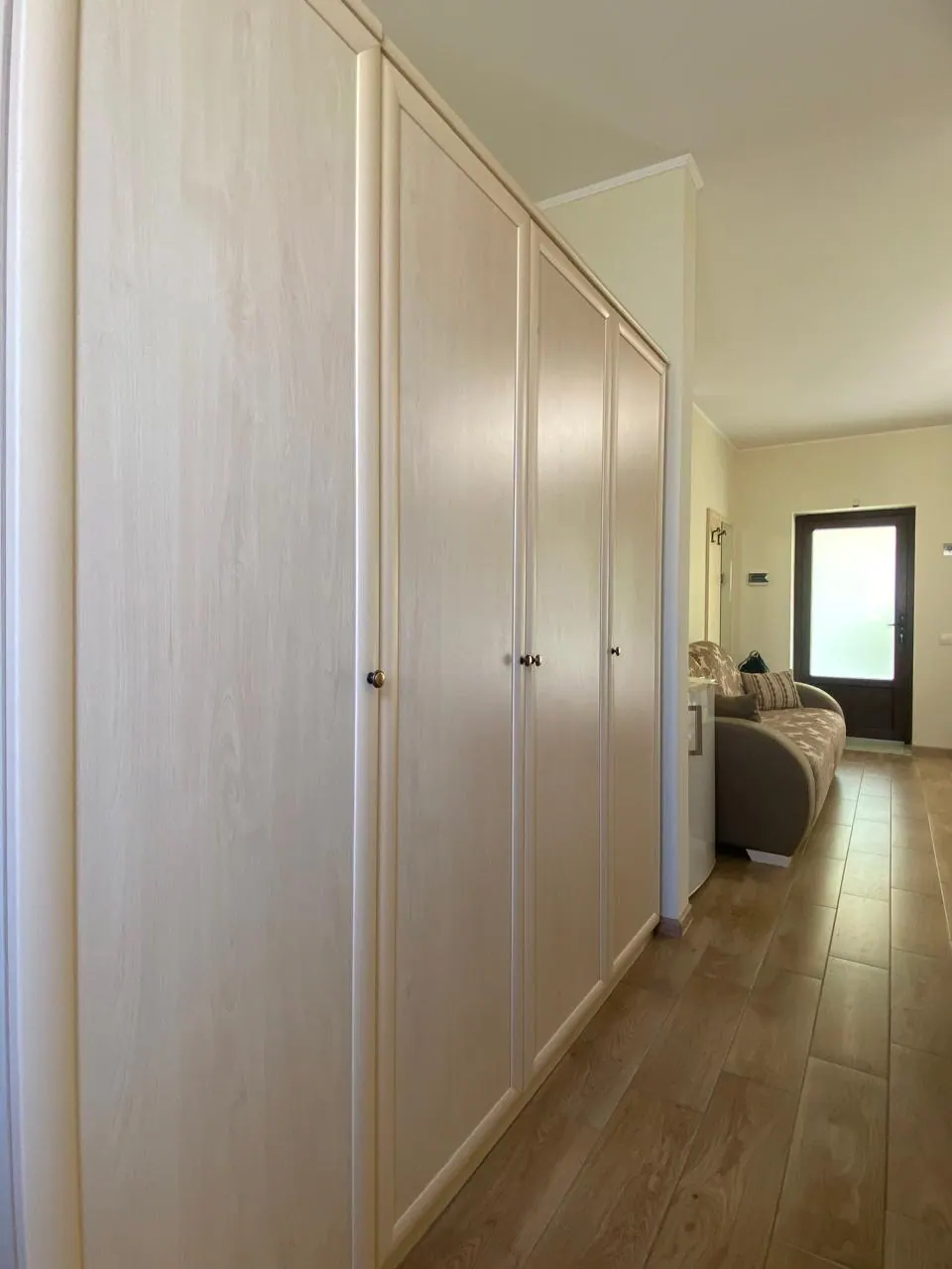 פנים דירת אירוח: מסדרון עם ארון הזזה ורצפת עץ